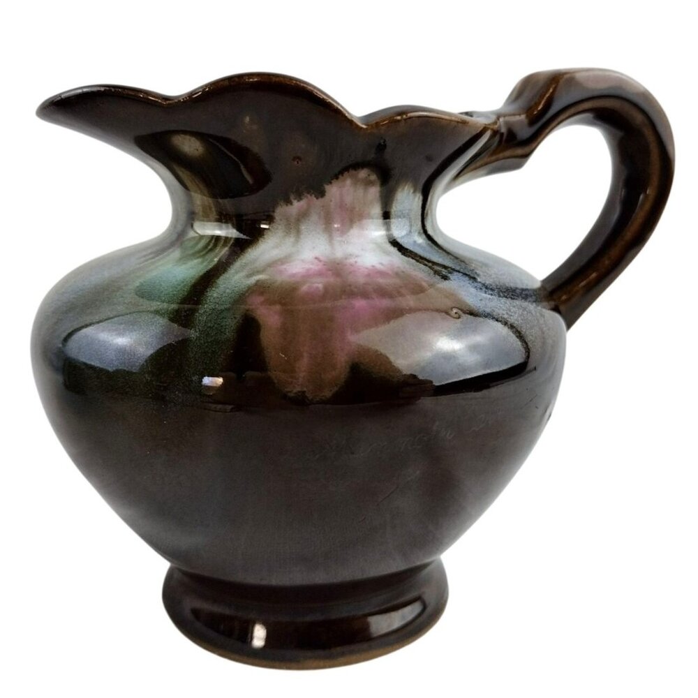 Drip Glaze Pitcher Vintage Tilso Japan Brown Scalloped Art Pottery 4.5 Inches